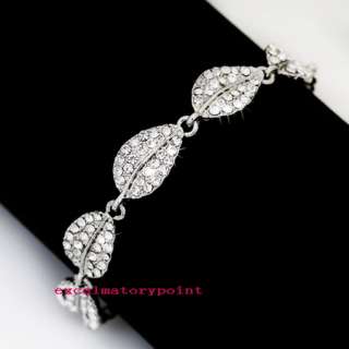 Elegant 18k White Gold Filled Leaf Bracelet w/ Swarovski Crystals _ T1 