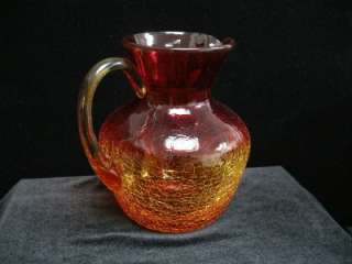 VINTAGE AMBERINA CRACKLE GLASS PITCHER, 6.5 TALL, BEAUTIFUL RED TO 