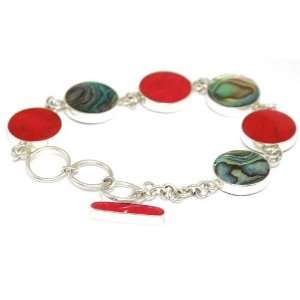  925 Silver Shell 2 Sided Mother Of Pearl & Red Bracelet 