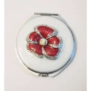  Sicura Red Flower Round White Compact Mirror with Genuine 
