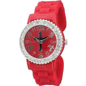  Red Round Shape Silicone Bangle Watch with Simple Cross 