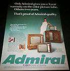   Ad Admiral 3 Year Warranty Color Picture Tube Portables Consoles TV