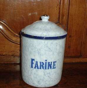 Antique FRENCH ENAMEL CANISTER in blue vein pattern FLOUR / FARINE 