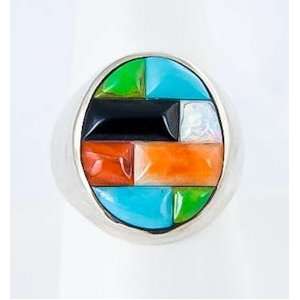  Multi Inlay Sterling Silver Oval Mens Ring Size 10.5 