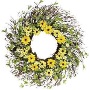  Twig Wreath with Yellow Zinnia and Light Green Leaf Accents, 24 