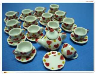 51 P Coffee Cup & Scallope Plate & Teapot Hand Paint Heart Dollhouse 