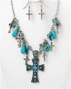 Western Style Turquoise/ Rhinestone Cross Beads Charms Necklace Set 