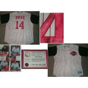  Pete Rose Signed Reds Pinstripe Majestic Athletic Jersey w 