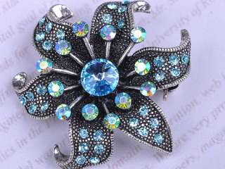 Aquamarine Blue Sapphire Crystal Rhinestone Dark Silver Tone Flower 