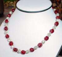 Vintage Red Glass Bead & Rhinestone Bead Necklace  