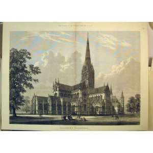    1876 Exterior View Salisbury Cathedral Trees People
