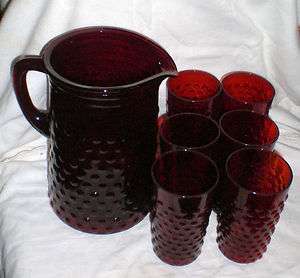 HOCKING GLASS RUBY RED HOBNAIL PITCHER & 6 TUMBLERS  