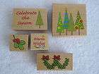   Holiday Rubber Stamp Set of 5 Wood Mounted Trendy Trees Holly