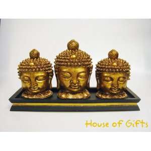 3 Gold Buddha Heads Decorative Box w/ Tray