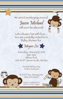   Monkey Mania Cute Baby Shower Invitation   Boy   Blue   Stars  
