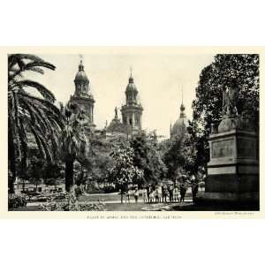 1922 Print Chile Plaza de Armas Cathedral Santiago Mayor Statue Spire 