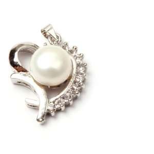  10 11mm white natural pearl & CZ white gold plated pendant 
