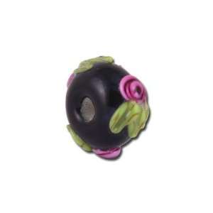  13mm Black with Pink Rosebuds and Leaves Glass Beads 