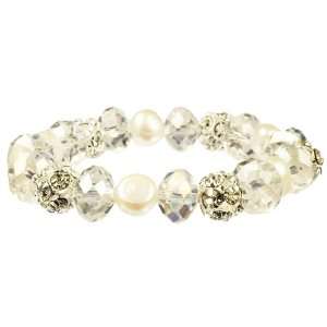   Pearl Crystal Fireball and Cut Glass Rondelle Stretch Bracelet, 7.5