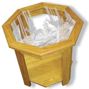   Glass End Table with Etched Three Deer Top Octagon