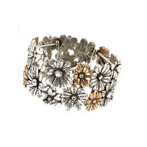   Metal Sliver and Brass Oxidized Crystal Flower Cuff Bangle Bracelet