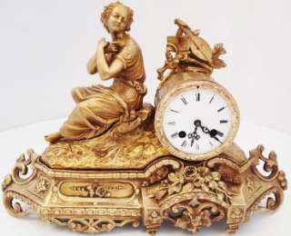 Antique 19th c French gilt ormolu bronze figural mantel clock /8 day 