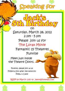 The Lorax Invitation Birthday Party Organization Event Movie Dr. Suess 