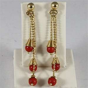 18K YELLOW GOLD PENDANT EARRINGS WITH RED CORAL BALLS, FRINGE, MADE IN 