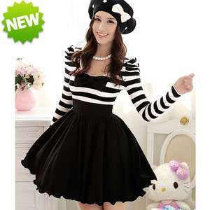 Japan Dolly Gothic Punk Lolita DOLL BOW Black & White Stripes Onepiece 