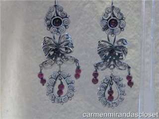 RARE OLD SILVER FILIGREE ~ EARRINGS RED GARNETS MEXICO  