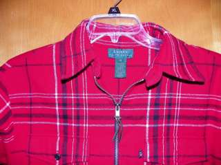   Womens M FLANNEL Red Plaid Zip Pull Over 2 Front Chest Pockets  