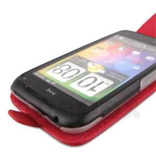 For HTC Incredible S , Cow Leather Case Pouch Cover + Film u_Red 