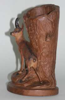 WOOD CARVING CHAMOIS IN FRONT OF A TREE TRUNK as VASE  