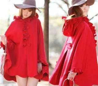 New Fashion Womens Red luxury flower jacket wool Cloak coat Poncho 