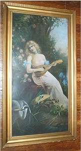 antique WOMAN PLAYING LUTE PRINT  