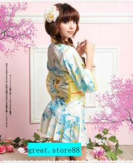 Sexy yellow blue Kimono Japanese girl Dress Costume gstringRibbon 