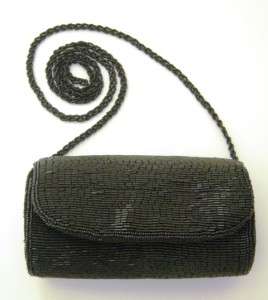 VTG Retro Glam Black Jeromes Beaded Satin Evening Handbag Clutch Purse 