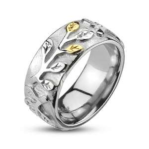 316L Stainless Steel Gold Accented Leaflets Vine Cast Band Ladys Ring 