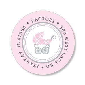  Damask Pram Pink Round Baby Shower Stickers