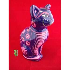 Ceramic Cat Glazed Lifelike Folk Art/ MEXICO Pottery [Vivrant Hand 