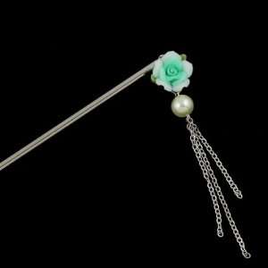  Polymer Rose Hair Stick with Pearl Tassels Green Beauty
