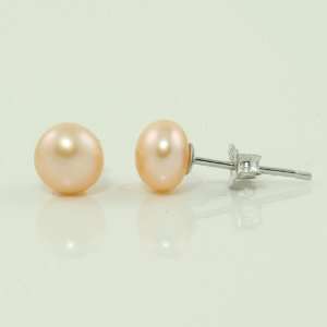 8mm Peach Round Fresh Water Pearl Studs with 925 Sterling Silver 