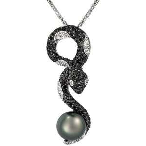  Diamond and Freshwater Cultured Pearl Coiled Snake Pendant Necklace 