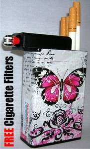 Cigarette Case Pink Butterfly With Lighter Holder Compartment  