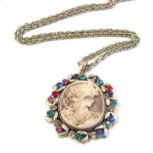   Rhinestone Lady Maiden Cameo Gold Plated Pendant Necklace Jewelry