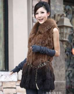100% Real Genuine Rabbit Fur Coat Huge Raccoon Collar Vest Coat Gilet 