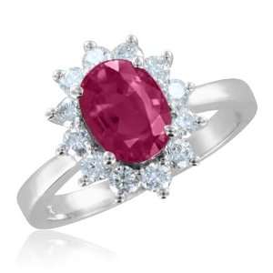Natural Ruby and Diamond Engagement Ring in 14k White Gold Halo Ring 