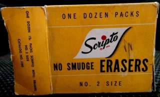 vintage FULL BOX, 12 PACKS, 72 PENCIL ERASERS scripto  