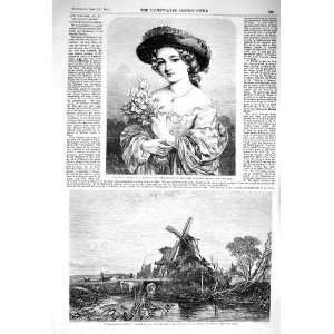  1856 MARSHES WINDMILL CATTLE GIRL LILY FLOWERS FINE ART 