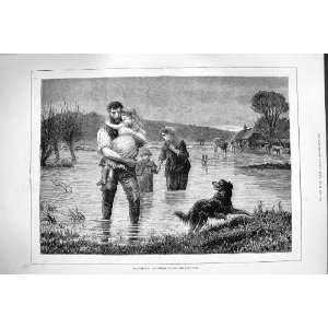   1880 FLOOD SCENE FAMILY CHILDREN FARM HOUSE DOG HORSES